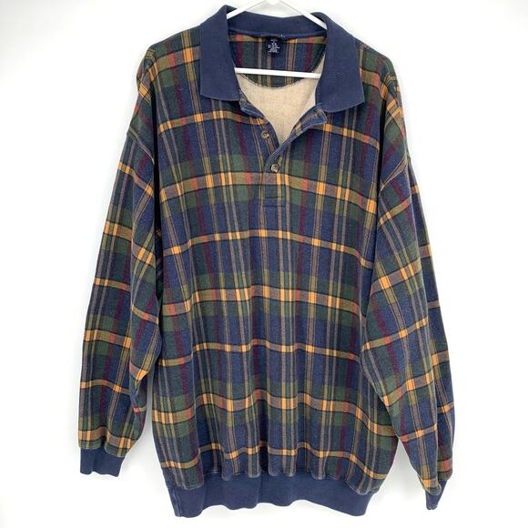 Lands' End Vintage Unisex Plaid Cotton Blend Flannel Quarter Button Up Pullover - Picture 1 of 5